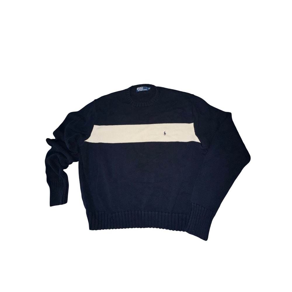 Polo Ralph Lauren Mens XXL Navy Blue Cream Stripe Cotton Shaker Knit Sweater